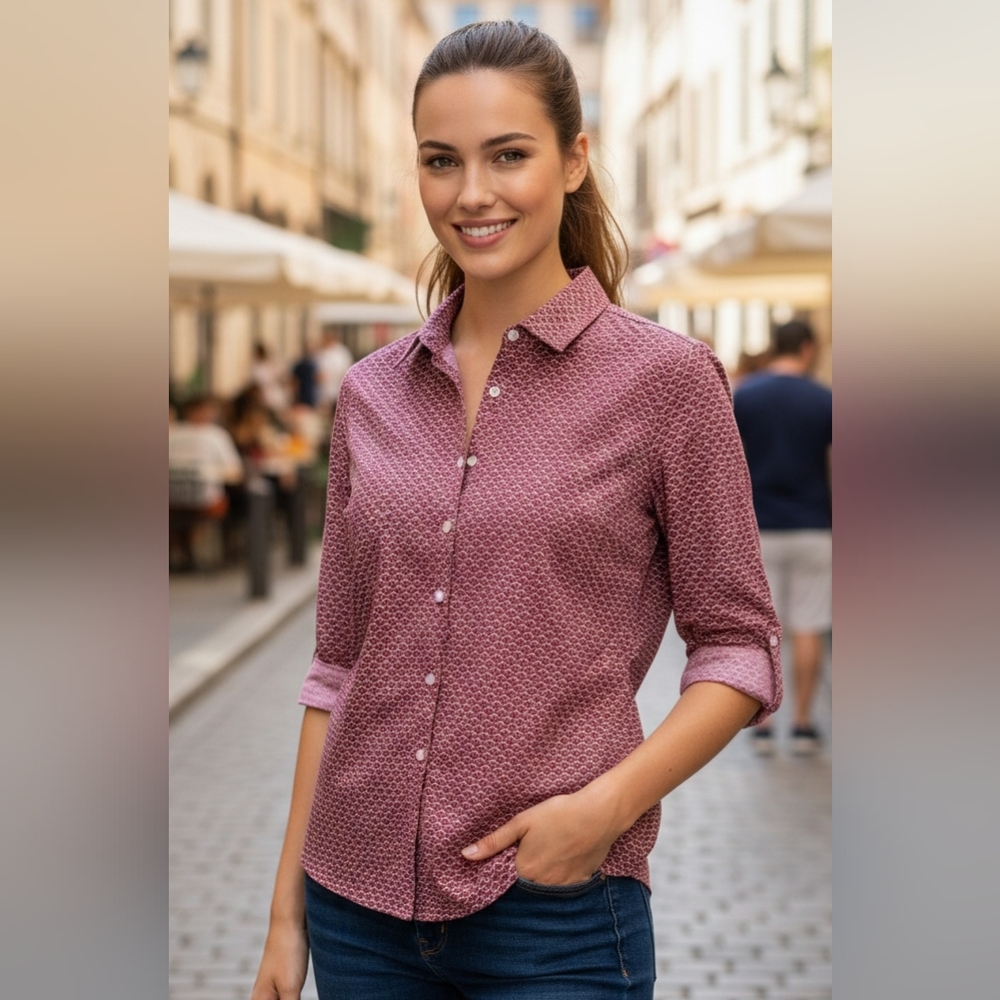 Lands’ End Women’s Preppy Pink Geometric Print Non-Iron Button Shirt – Size 10